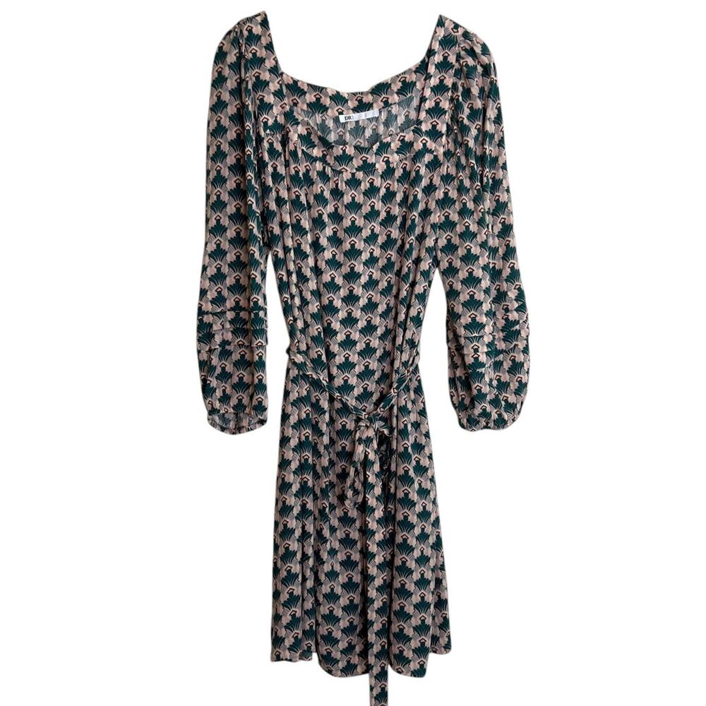 DR2 Womens Lightweight Dress Sz Large Green Pink Geometric Pattern Rayon Belted